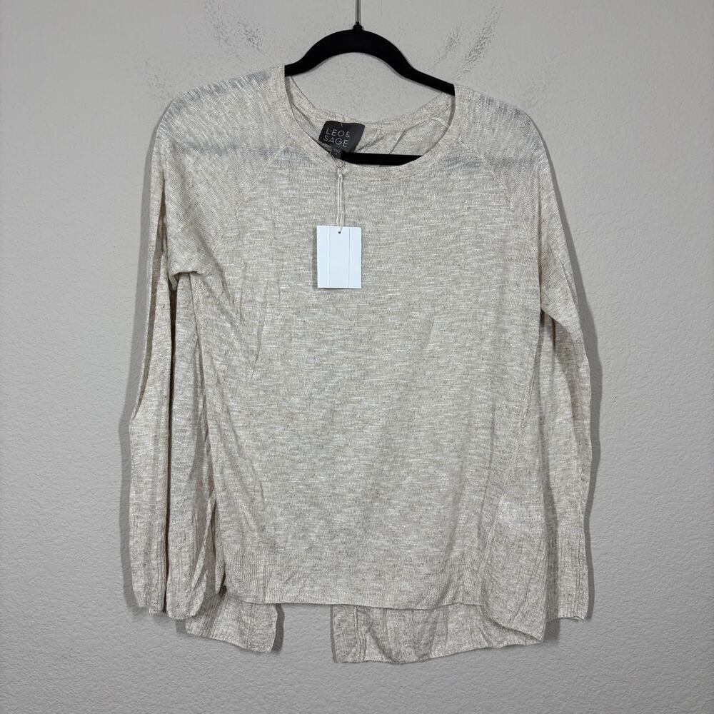 Leo & Sage Womens Size Small Open Back Top Shirt Tan Crew Neck Long Sleeves